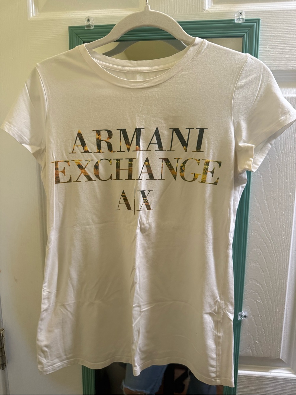 Armani Exchange White Tee with Gold Accent Logo